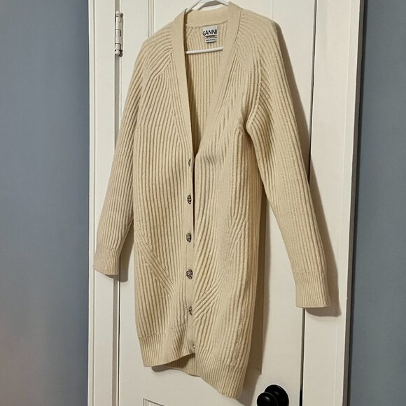 Ganni rib knit wool blend cardigan sweater in cream designer luxury neutral - Picture 4 of 13